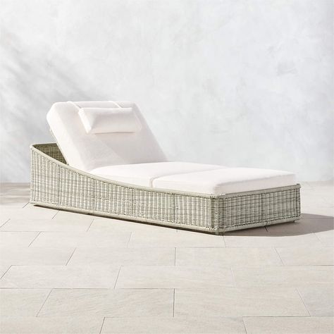 Nino Modern White Rattan Outdoor Chaise Lounge with White Boucle Sunbrella Cushions | CB2 Brown Chaise Lounge, Modern Outdoor Lounge Chair, Modern Outdoor Lounge, Pool Chaise Lounge, Pool Chaise, White Rattan, Pool Lounge Chairs, Outdoor Lounge Chairs, Rattan Outdoor