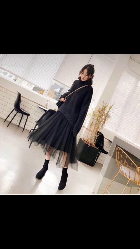 Love the winter skirt and sweater in all black Tulle Skirt Winter Outfit, Black Tulle Skirt Outfit Winter, Sweater Tulle Skirt, Black Tulle Skirt Outfit Casual, Leather Jacket Tulle Skirt, Black Tulle Skirt Street Style, Tulle Skirt Outfit Winter, Black Layered Tulle Skirt, Black Tulle Skirt Outfit