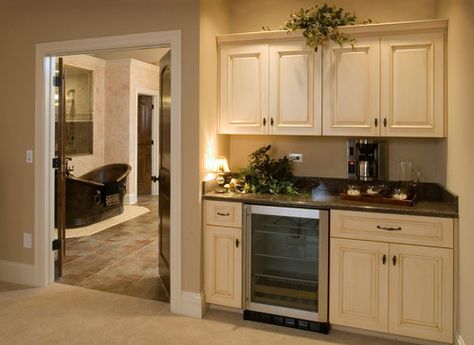 Morning kitchen in Master Bedroom with built-in coffee maker and beverage refrigerator - King's Court Builders - Naperville, IL (208APS) Morning Bar, Morning Kitchen, Master Suite Remodel, Master Suite Addition, Tea Treats, Built In Coffee Maker, Small Basement Remodel, Suite Ideas, Home Coffee Stations