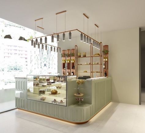 High-End Warm Color Display Cabinets and Back Wall Design for designer、beauty spa salon、shop owner Sage Green Restaurant, Sage Green Coffee Shop, Counter Cafe Design, Counter Design Cafe, Cafe Counter Design, Back Wall Design, Cake Shop Interior, Cafe Design Inspiration, Juice Bar Design