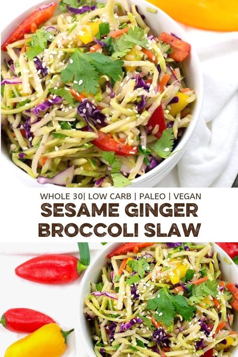 Broccoli Slaw Dressing, Asian Broccoli Slaw, Healthy Broccoli Slaw, Ginger Broccoli, Broccoli Slaw Salad, Broccoli Slaw Recipes, Asian Broccoli, Vegan Low Carb, Sesame Ginger Dressing