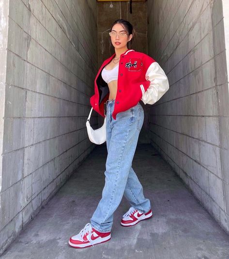 Rachelle Ruth on Instagram: “Comment your fave red emoji 🍒” Red Jordans Outfit For Women, Red Outfit Winter, Red Sneakers Outfit, Red Emoji, Dunks Outfit, Drippy Outfit, Effortlessly Chic Outfits, Tomboy Style Outfits, Streetwear Fashion Women