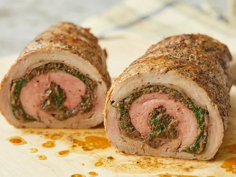 Stuffed Pork Tenderloin Recipe Stuffed Pork Loin Recipes, Paleo Ham, Stuffed Pork Loin, Mushrooms And Spinach, Pork Tenderloin Recipe, Herb Stuffing, Tenderloin Recipe, Stuffed Pork, Pork Loin Recipes