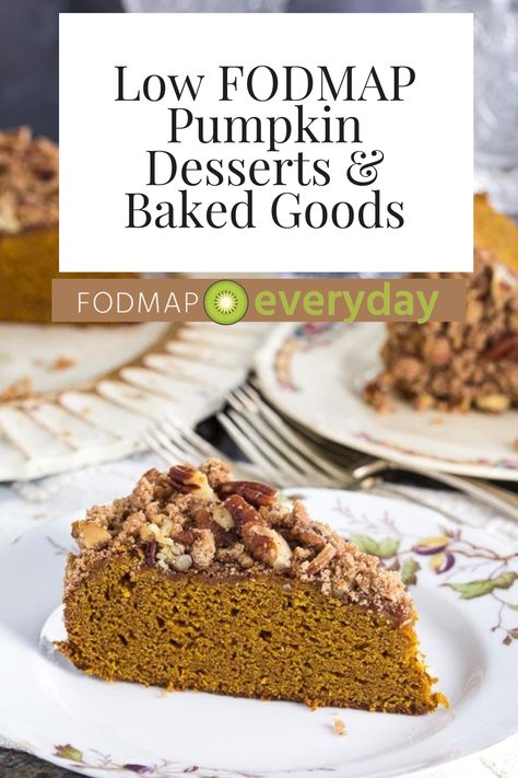 Looking for Low FODMAP Pumpkin Desserts & Baked Goods? We’ve got ’em! You CAN have pumpkin while on the low FODMAP diet – even during the Elimination Phase! From muffins to pies, cakes, cobblers, cookies and more, we have 16 sweet pumpkin recipes for you right here. (You can have butternut squash, kabocha, acorn and Delicata, too, and you can see those recipes in our roundup, Low FODMAP Savory Pumpkin & Squash Recipes). Low Fodmap Recipes Sweets, Low Fodmap Pumpkin Muffins, Low Fodmap Pumpkin Pie, Low Fodmap Baking Recipes, Low Fodmap Pumpkin Recipes, Low Fodmap Baking, Fodmap Dessert Recipes, Squash Kabocha, Low Fodmap Dessert