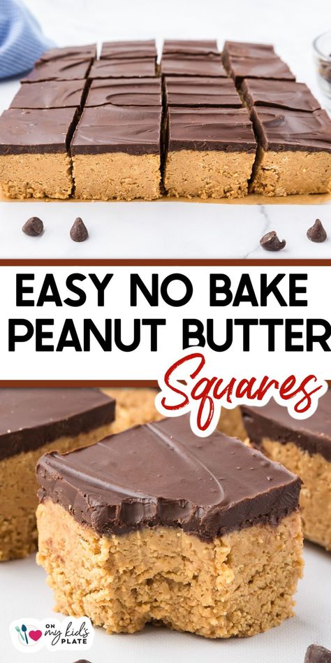 Creamy and full of peanut butter flavor, these chocolate peanut butter squares are the perfect no-bake dessert. Peanut butter fans go crazy for these gooey bars! Chocolate Peanut Butter Squares, Chocolate Fudge Bars, Butter Squares, Dog Cookie Recipes, Peanut Butter Squares, Peanut Butter Fingers, Gooey Bars, Kids Plate, Bake Sale Recipes