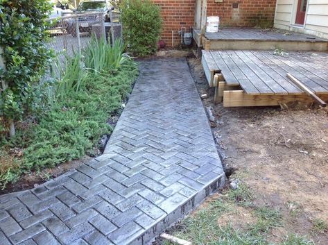 Stamped concrete walkway. Herringbone stamp. Silver dove integral, charcoal release colors. Stamped Concrete Walkway, Concrete Backyard, Concrete Walkway, Concrete Ideas, Decorative Concrete, Stamped Concrete, Concrete Patio, Concrete Decor, Basket Weave