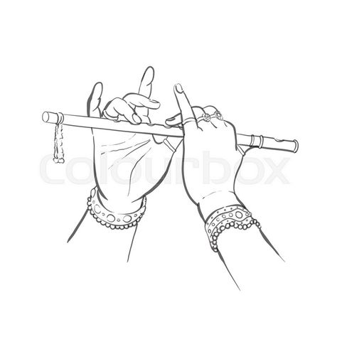 Krishna Outline Image, Krishna Hand Tattoo Design, Krishna Flute Drawing Pencil, Easy Krishna Flute Drawing, Radhe Krishna Sketch Pencil Easy, Radha Krishna Embroidery Designs, Krishna Hand With Flute, Krishna Flute Tattoo, Simple Krishna Drawing