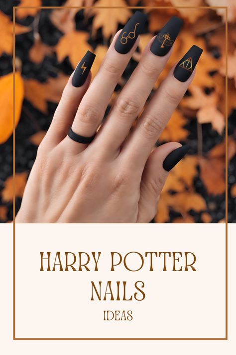 Harry Potter Nails idea. Fall nails, Autumn Nails, Spooky Nails, Black Nails, Black Mat Nails. Orange Nails. Great for Halloween nails ideas. Magical Nails inspired by Harry Potter aesthetic. Great for Harry Potter costume. October trendy nails 2023. Coffin nails. Follow for more inspirations! Harry Potter House Nails, Harry Potter Gryffindor Nails, Universal Nail Ideas, Deathly Hallows Nails, Harry Potter Halloween Nails, Harry Potter Nails Acrylic, Harry Potter Acrylic Nails, Spooky Nails Black, Harry Potter Manicure