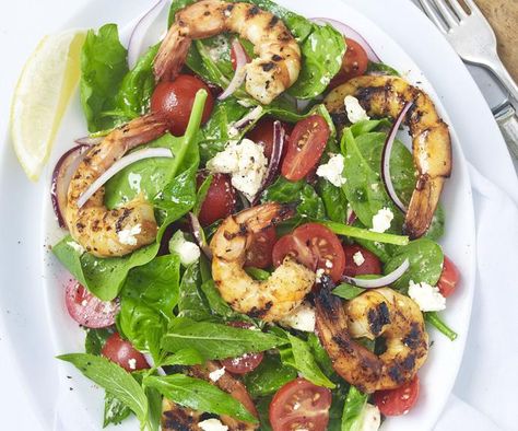 Greek barbecued prawn salad Harissa Shrimp, Halloumi Salat, Cheese Shrimp, Roasted Capsicum, Prawn Salad, Halloumi Salad, Prawn Recipes, Greek Salad Recipes, Refreshing Salad