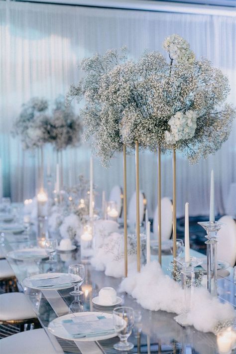 LOHRI White Wonderland Wedding, Ice Princess Theme Party, In The Clouds Bridal Shower Theme, Heaven On Earth Theme Party, Winter Birthday Party Decorations, Wedding Bridal Table Ideas, Cloud Nine Wedding Theme, Winter Wonderland Table Decor, Winter Event Decor