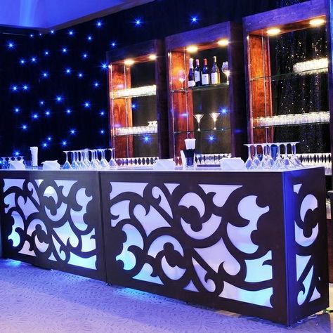 Love #luxurious #backlight #bar we can #replicate this look with any of your #event #theme by changing the colour or #design why #makenbreak #rent it out from #ovationeventsnrentals Bar Counter Design, Party Lighting, Modern Reception Desk, Nightclub Design, Event Bar, Portable Bar, Dance Floors, Luxury Bar, Wedding Backdrop Decorations