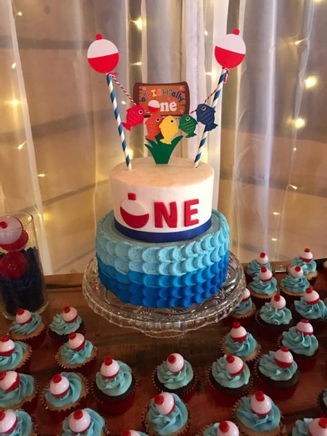 Fish 1st Birthday Cake, Fishy Birthday Party, 2nd Birthday Fishing Theme, 1st Birthday Fishing Theme Cake, Fishing First Birthday Cake, 1st Birthday Boy Fishing, Fishing Themed First Birthday, One Year Old Fishing Theme Party, Fishing Birthday Party Cake