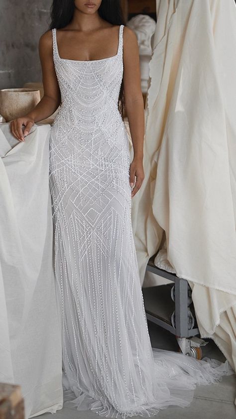 Wedding Dress Scalloped, V Neck Beaded Wedding Dress, Beaded Wedding Dress A Line, Boho Beaded Wedding Dress, Jewelled Wedding Dress, Sheath Pearl Wedding Dress, Beaded Spaghetti Strap Wedding Dress, Second Bridal Dress, Bejeweled Wedding Dress