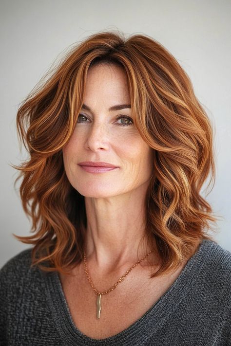 Red Hair Woman Over 40, Haircut Highlights, Highlights Hairstyles, Auburn Highlights, Curly Lob, Hair Layered, Mom Hair, Copper Highlights, Honey Blonde Highlights