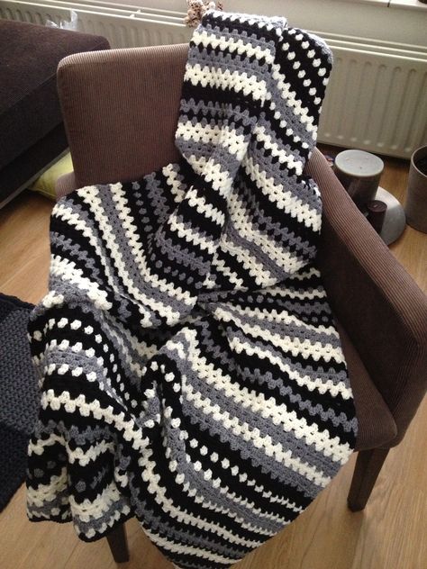 Granny Stripe Blanket - Black-Grey-White Black White And Grey Crochet Blanket Pattern, Black White Grey Crochet Blanket, Black White Gray Crochet Blanket, Black And Gray Crochet Blanket, Black And Grey Crochet Blanket, Crochet Blanket Black And White, Black And White Crochet Blanket, Grey Crochet Blanket, Crochet Blanket Girl