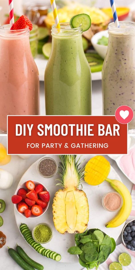 Set up a DIY smoothie bar at your next breakfast, brunch, or special gathering, and impress your guests with individual smoothies catered to their personal tastes! Smoothie Party Ideas, Smoothie Bar Party, Diy Juice Bar, Diy Smoothie Bar, Smoothie Bar Design, Smoothie Bar Ideas, Smoothie Party, Diy Smoothies, Food Bar Ideas