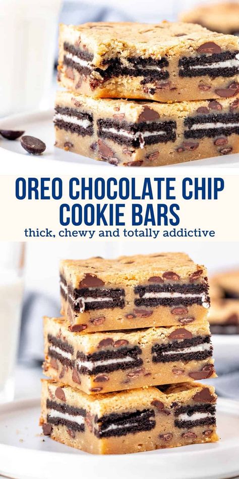 These Oreo stuffed chocolate chip cookie bars combine 2 classic cookies into one deliciously chewy blondie. They're thick, buttery, and packed with goodness. So get ready to pour yourself a glass of milk! #bars #blondies #chocolatechip #oreos #oreostuffed #recipe #blondies from Just So Tasty Oreo Cookie Bar, Oreo Stuffed Chocolate Chip Cookies, Oreo Desserts, I Lost 100 Pounds, Cookie Bar, Oreo Recipes, Chocolate Chip Cookie Bars, Chewy Chocolate Chip, Bar Recipe