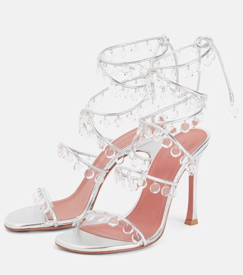 Tina Embellished Leather Sandals in Silver - Amina Muaddi | Mytheresa Muaddi Shoes, Amina Muaddi Heels, Amina Muaddi Shoes, Casual Ballet Flats, Dark Designs, Heels Strappy, Designer Pumps, Embellished Sandals, Amina Muaddi