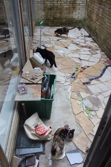 Mosaic Catio (Cat Patio) Project | Hometalk Mosaic Walkway, Leftover Tile, Flat Marbles, Cat Patio, Pool Shock, Stepping Stones Diy, Garden Globes, Patio Projects, Side Garden