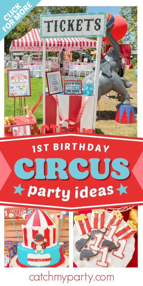 Check out this awesome circus-themed 1st birthday party! The party decorations are so cool! See more party ideas and share yours at CatchMyparty.com Circus Party Ideas, Circus Birthday Party Decorations, Circus First Birthday, Carnival Activities, Vintage Party Ideas, Cone Hats, Circus 1st Birthdays, Carnival Parties, Circus Carnival Party