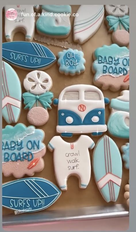 Surf Board Cookies, Boho Surf Cookies, Surf Birthday Cookies, Baby On Board Cookies, Beach Baby Shower Cookies, Surf Cake, Nautical Party, Beach Baby, Baby Shower Cookies