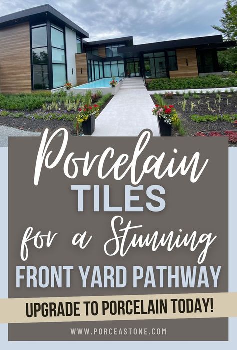 Creating an Inviting Front Yard Pathway with Porcelain Tiles	Porcelain Tiles for a Stunning Front Yard Pathway - Upgrade today! Patio With Border, Pavers Pathway, Laying Pavers, How To Lay Pavers, Simple Landscape Design, Pathway Design, Inexpensive Landscaping, Porcelain Superstore, Patio Edging