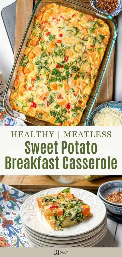 This Sweet Potato Breakfast Casserole is an undeniably delicious way to begin your day! This easy-to-make meatless egg casserole is packed with wholesome ingredients like sweet potatoes, bell peppers, spinach, and incredible spices that combine all the flavors beautifully! Perfect for Thanksgiving morning when you need a easy breakfast to throw in the oven! A tasty breakfast, lunch and even a protein snack too! Sweet Potato Spinach Egg Bake, Meatless Egg Casserole, Sweet Potato Breakfast Casserole, Potato Breakfast Casserole, Xmas Brunch, Potato And Egg Breakfast, Egg Bake Casserole, Egg Bakes, Eggs And Sweet Potato