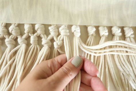 DIY macrame fringe can be added to pillows, throws, blankets, or table runners. Add it anywhere that you would like a little something extra. This really is so simple to make, with a little time, you can make something plain into something special!  Are You a Fan of Macrame?    Is macrame your kind of thing? To be honest, it’s not really my thing. I was born in the late 70’s, so my mom had macrame plant hangers while I was growing up. Those were okay. She may still have one around, but… Fringe Diy, Bar Stool Makeover, Coffee Filter Wreath, Macrame Fringe, Diy Step, Lampshade Makeover, Reclaimed Doors, Macrame Table Runner, Diy Step By Step