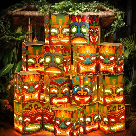 PRICES MAY VARY. Tiki Party Favors: you will receive 16 pcs outdoor totem boxes, measuring approx. 9.84 x 7.09 inches/ 25 x 18 cm, and making them the ideal size for decorating; The included 16 light strings are approx. 3.28 ft/ 1 meter in length of each, adding the suitable warm light to your luau decorations party tiki Material and Durable Design: this set of tiki party favors is made of 250g white cardboard for the outdoor totem boxes which assures durability; The tiki decorations for party a Aloha Decor, Hawaii Decorations, Tikki Bar, Havana Nights Party Theme, Havana Nights Theme, Hawaiian Luau Party Decorations, Tiki Lights, Luau Decorations, Porch Outdoor