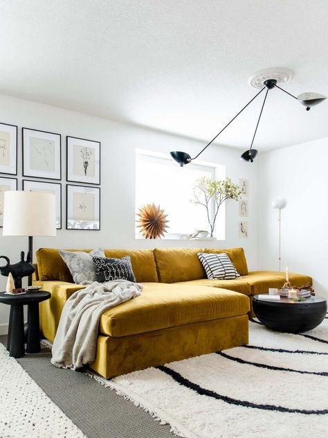 Yellow Couches Living Room, Living Room With Yellow Couch, Mustard Couch Living Room Ideas, Yellow Couch Living Room, Yellow Couch Living Room Ideas, Couch Aesthetic, Sunshine Room, Family Friendly Living Room, Dark Basement