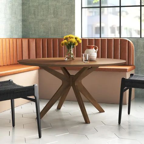 Corrigan Studio® Santo Solid Wood Arm Chair in Beige | Wayfair Modern Circular Dining Table, Kitchen Table Nook, Circular Kitchen Table, Dinning Nook, Banquette Seating In Kitchen, Breakfast Nook Dining Set, Dining Table With Leaf, Round Dining Table Modern, Circular Dining Table