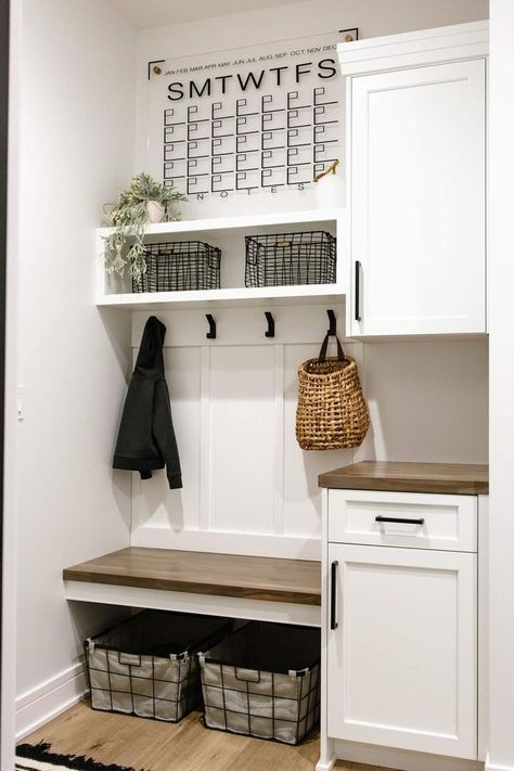 Mudroom With Drop Station, Hall Tree In Laundry Room, Hall Tree Pantry Combo, Square Mudroom Layout, Small Mud Room Laundry Room Combo, Small Laundry Room Mudroom Combo, Mud Room Ideas Entryway Laundry, Laundry Room Mud Room Combo, Laundry Mudroom Combo