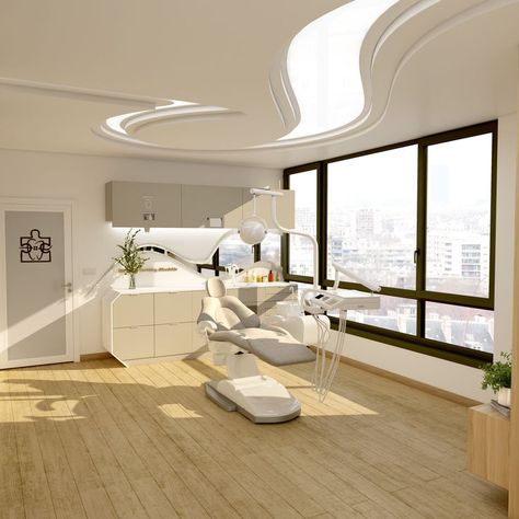 This place is a dental office located in Tehran. My concept for making spacial space is mixing musical signs with geometrical shapes. For example we can see musical note shaped the ceiling with light and curve lines. Clinic Aesthetic, Dentist Office Design Interiors, Office Ceiling Design, Egyptian Furniture, Dentist Office Design, Dental Office Design Interiors, Kedokteran Gigi, Aesthetic Decoration, Dental Office Decor