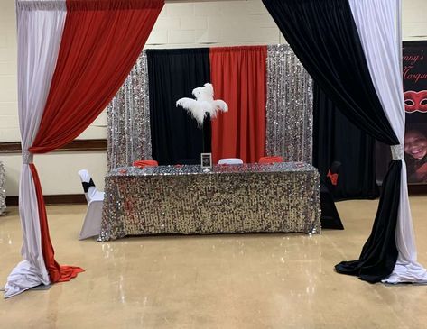 Franny’s red, black, white and silver 50th Masquerade Birthday Masquerade Birthday Party Ideas, Red Party Ideas, Masquerade Birthday Party, Photo Backdrop Birthday, Masquerade Party Decorations, Silver Party Decorations, Masquerade Ball Party, 60th Birthday Decorations, White Wedding Decorations