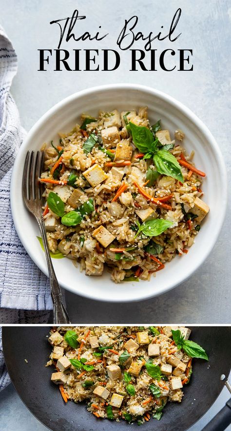 Thai Basil Recipes, Thai Basil Fried Rice, Vegetarian Rice Recipes, Fried Basil, Basil Fried Rice, Thai Fried Rice, Sesame Tofu, Wok Cooking, Tofu Stir Fry