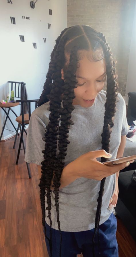 Coi Leray Inspired Jumbo Box Braids With Heart, Box Braids Hairstyles Big, Red Coi Leray Braids, Jumbo Butterfly Locs Long, Jumbo Butterfly Braids, Long Coi Leray Braids, Jumbo Butterfly Locs, Butterfly Knotless Braids, Butterfly Knotless