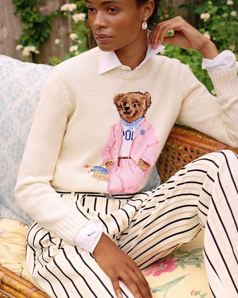 Polo Ralph Lauren on Instagram: “Donning a breezy suit with a floral-filled picnic basket, our iconic #PoloBear returns for the season on our Picnic Polo Bear Sweater.…” Polo Bear Sweater, Best Clothing Brands, Ralph Lauren Womens Clothing, Polo Shirt Outfits, Bear Sweater, Bear Outfits, Best Clothing, Ralph Lauren Style, Polo Ralph Lauren Women