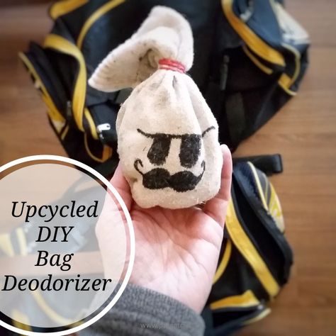 This Upcycled DIY Bag Deodorizer gets rid of stink in gym bags, shoe bins, and closets. It's inconspicuous, easy to make, and upcycles items you already have around the house. And er...the kids can make it...so Boredom Buster too! Here is how to make this Upcycled DIY bag deodorizer (in under 5 minutes my friends!)... Gym Bag Diy, Shoe Bins, Shoe Bin, Upcycle Plastic, Spa Bags, Homemade Spa, Homemade Air Freshener, Deodorize Shoes, Soccer Bag