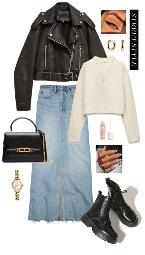 #1 outfit ideas | This outfit can be worn in everyday life. Especially in colder and rainy days - spring/autumn/winter. Stay fashionable no matter the weather. Autumn Outfits Rainy Days, Rainy Weather Outfits, Rainy Autumn Day, Tom Ford Leather, Casual Trends, Spring Fits, Denim Maxi Skirt, Black Women Fashion, Rainy Day Outfit