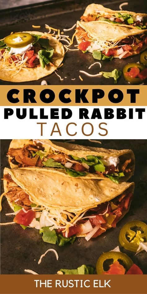 This simple slow cooker rabbit tacos recipe comes together quickly and easily and results in tender, flavorful pulled rabbit perfect for taco night! Taco tuesday recipe | easy dinner recipe | rabbit recipe | cooking rabbit | wild game recipe | crockpot recipe Shredded Rabbit Recipes, Whole Rabbit Recipe Crockpot, Rabbit In Crockpot Easy Recipes, Recipes For Rabbit Meat, Recipes With Rabbit Meat, Rabbit Recipes Crockpot, Best Rabbit Recipe, Quick Thursday Dinner Ideas, Slow Cooker Rabbit Recipes