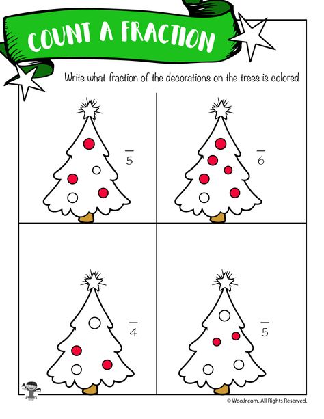 Deduce the Fraction Worksheet with Christmas Trees | Woo! Jr. Kids Activities Christmas Math Worksheets Kindergarten, Christmas Multiplication Worksheets, Fraction Worksheet, Teach Fractions, Christmas Multiplication, Christmas Math Worksheets, Greater Than Less Than, Christmas Addition, Holiday Worksheets