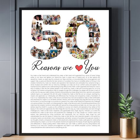 50 Reasons We Love You 50th Birthday, Dads 50th Birthday Ideas Gift, 50th Birthday Photo Collage, 50th Birthday Scrapbook Ideas, 50 Photo Collage, Canva Collage, 50th Birthday Surprise, 50s Decor, Mums Birthday