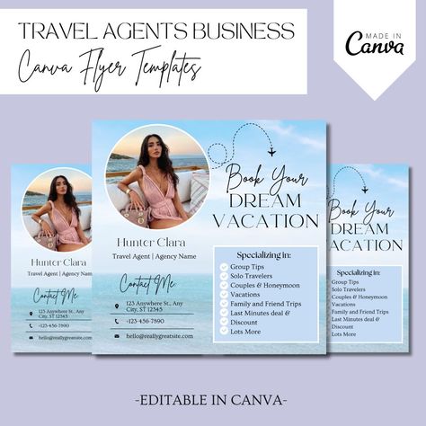 🌍✈️ Elevate your travel business with our Travel Agent Flyer Templates! Whether you need to promote vacation deals, create Instagram-worthy flyers, or share travel itineraries, these fully customizable Canva E-Flyers are designed just for you. Perfect for travel agents, girls' trip flyers, and more. Start impressing your customers today! 💼✨ #TravelAgent #CanvaTemplates #TravelFlyers #EFlyers #TravelAgency #TravelMarketing #CustomizableFlyers #SocialMediaFlyers #VacationFlyers #GirlsTrip #Summ... Travel Marketing, Vacation Deals, Travel Brand, Dream Book, Travel Business, Instagram Worthy, Company Profile, Travel Agent, Travel Agency