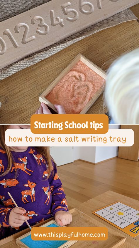 A Montessori sensory salt writing tray is a fantastic way to get children interested in writing and letter formation in the early years. Have you ever observed how kids are drawn to tactile experiences, like squishing play dough, running their hands through sand or feeling the water flow through their fingers? These types of sensory activities are essential precursors to writing! Sensory Writing Tray, Sand Paper Letters Montessori, Sandpaper Letters Montessori, Sand Tray Letter Writing, Sand Tray Directives, How To Make Sand, Sand Tray, School Preparation, Literacy And Numeracy