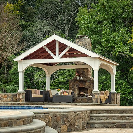 Outdoor Pavillion, Pavilion Ideas, Wooden Pavilion, Fireplace Patio, Pool Pavilion, Outdoor Fireplace Patio, Outdoor Lounge Area, Outdoor Pavilion, Pavilion Design