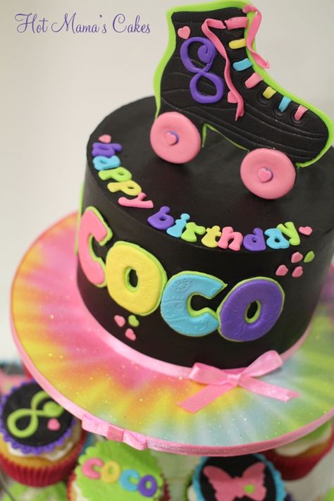 Skate Party! - CakeCentral.com Black Ganache, Roller Skate Disco, Roller Skate Cake, Airbrush Cake, 70's Party, Roller Skate Birthday, Teen Cakes, Disco Birthday Party, Skating Party