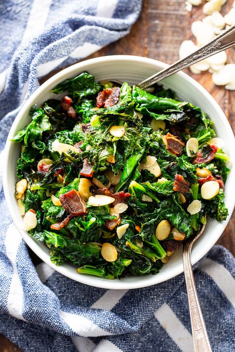 This delicious and simple sautéed kale with bacon and almonds is a savory healthy side dish that you’ll want on repeat!  It’s paleo and Whole30 friendly, keto, and Low FODMAP.  Serve it with any main course to add lots of flavor and nutrients to your meal. #keto #cleaneating #paleo #whole30 #lowfodmap Kale With Bacon, Recipes With Kale, Sweet Potato Kale Hash, Paleo Veggies, Easy Veggie Side Dish, Garlic Mashed Cauliflower, Sautéed Kale, Healthy Gut Recipes, Simple Paleo