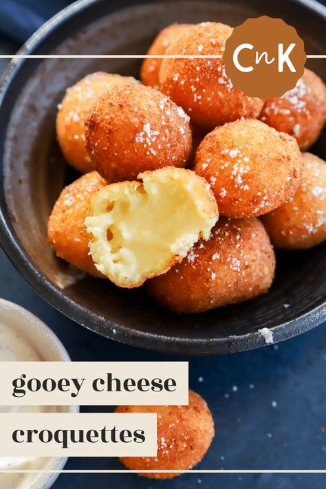 Satisfy your craving for something crispy and gooey with these easy cheese croquettes. Bite-sized and bursting with flavor, these crispy little balls are our variation on the classic Belgian snack. Cheese Croquettes, Croquettes Recipe, Fried Cheese, Crispy Cheese, Seasonal Cooking, Easy Cheese, Honey Mustard Sauce, Cheese Balls, Gooey Cheese