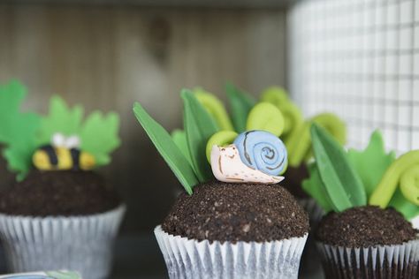 Snail Cupcake from an Outdoor Adventure Birthday Party on Kara's Party Ideas | KarasPartyIdeas.com (7) Snail Party Ideas, Snail Cupcakes, Snail Party, Snail Birthday Party, Bug Party Food, Toddler Garden, Adventure Birthday Party, Adoption Shower, Plant Centerpieces