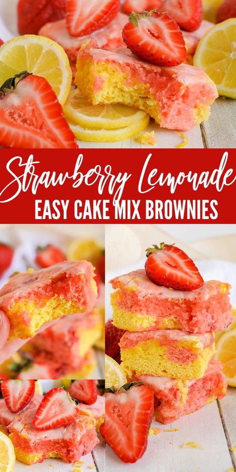 Strawberry Lemonade Easy Cake Mix Brownies! These Brownie Bars are SO easy to make and can be whipped up in just a few minutes. The perfect lemonade brownies for a crowed and so great for summer! #lemonpeony #strawberrylemonade #lemonbrownies #cakemixbrownies Lemonade Bars, Quick Summer Desserts, Easy Strawberry Lemonade, Lemon Cake Mix Recipe, Desert Bars, Strawberry Lemonade Cake, Cake Mix Brownies, Lemon Cookies Easy, Brownie Bars